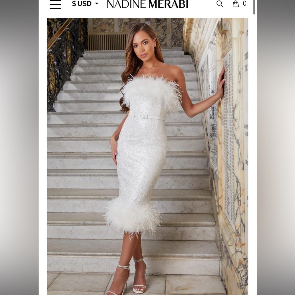 NADINE MERABI White Feather-Trim Strapless Sequin Midi Dress